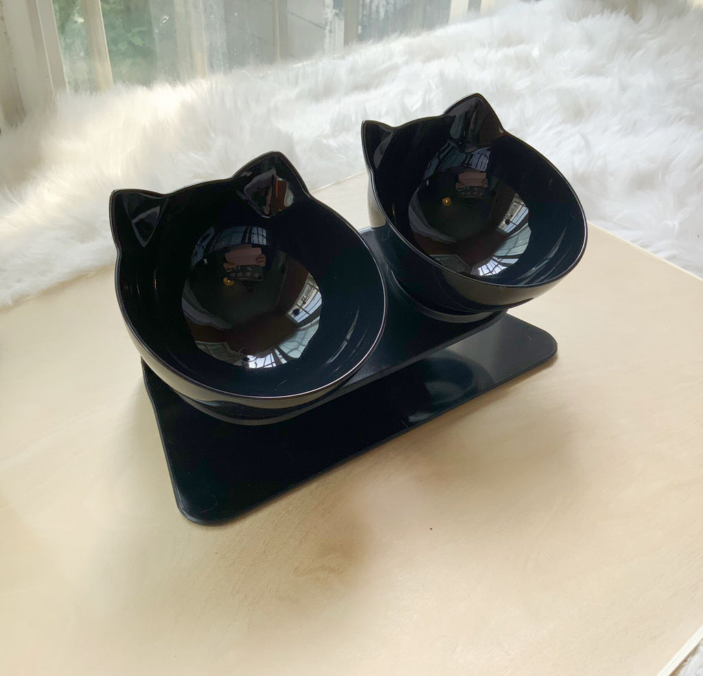 Double Gamelle Chat Inclinée 15° - Forme Tête de Chat, Protection Cervicale & Anti-Débordement